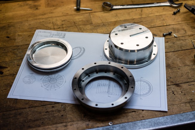 The milled components for BPM5. Top left is the injector as it looks after CNC machining, i.e. without its many holes.