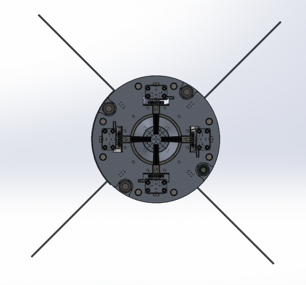 The rocket is seen from behind. Note how the fins are mounted off axis. Teh reason is that they are placed on the side of of a 20 mm wide metal rod.