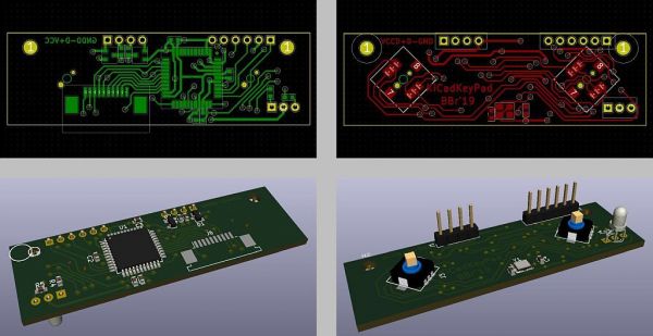 Kicad board editor and 3D renderer views.